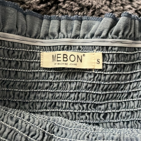 Mebon Puff Shoulder Long Sleeve Jean blue smocked Top - Picture 3 of 4
